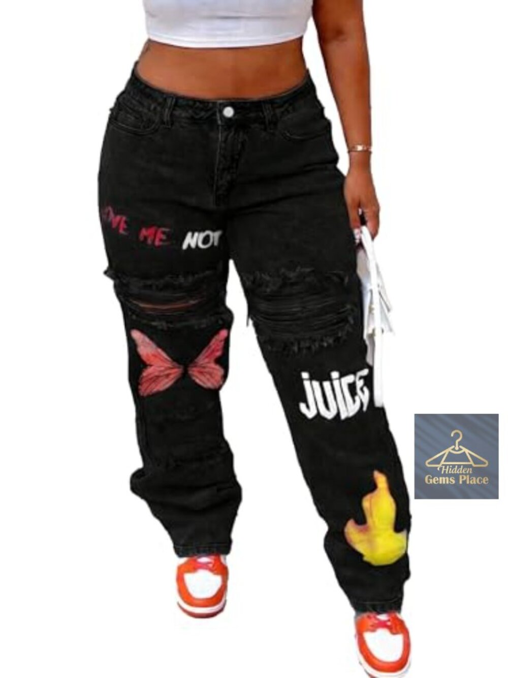 Plus Size Distressed Ripped Jeans Butterfly Flame Embroidered High Waist